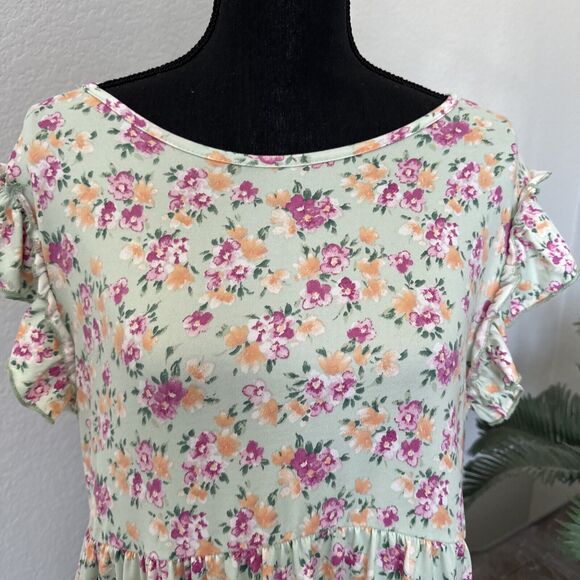 Culture Code Light Green Floral Ruffle Accent Baby Doll Mini Dress Size Large - Picture 2 of 12